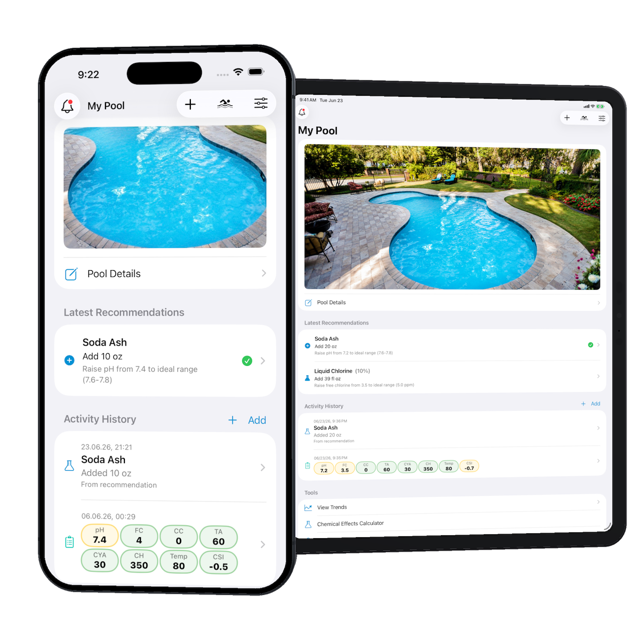 Simple Pool on iPhone and iPad showing pool status and dosing recommendations